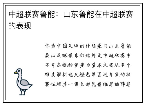中超联赛鲁能：山东鲁能在中超联赛的表现