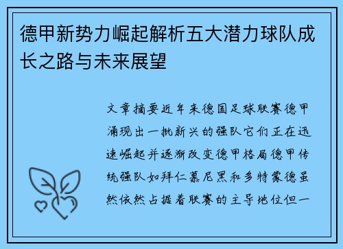 德甲新势力崛起解析五大潜力球队成长之路与未来展望