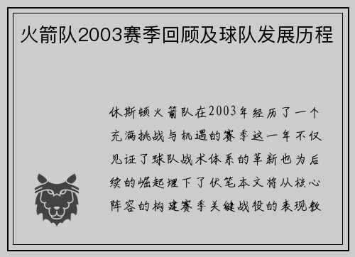 火箭队2003赛季回顾及球队发展历程