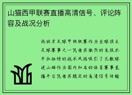 山猫西甲联赛直播高清信号、评论阵容及战况分析